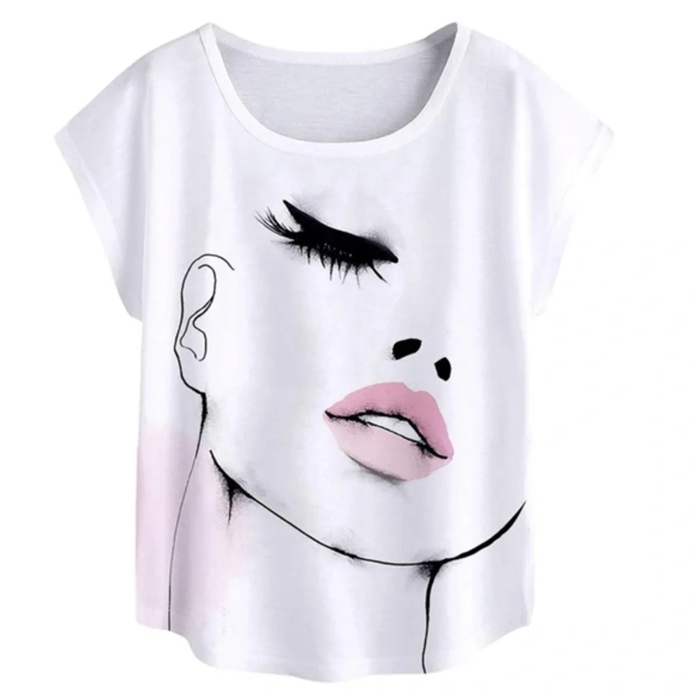 Women's Batwing Sleeve Sketched Makeup Pretty face Graphic Tee